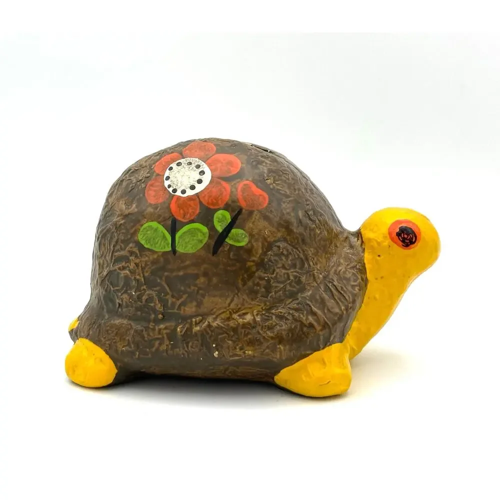 Vintage Ceramic Turtle Coin Bank 1970s Hippie Boho Flowers READ